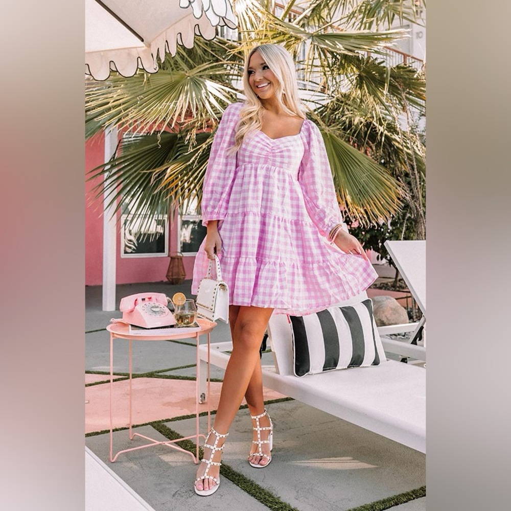 Entro Pink & White Gingham Print Smocked Back‎ Babydoll Dress Size Small